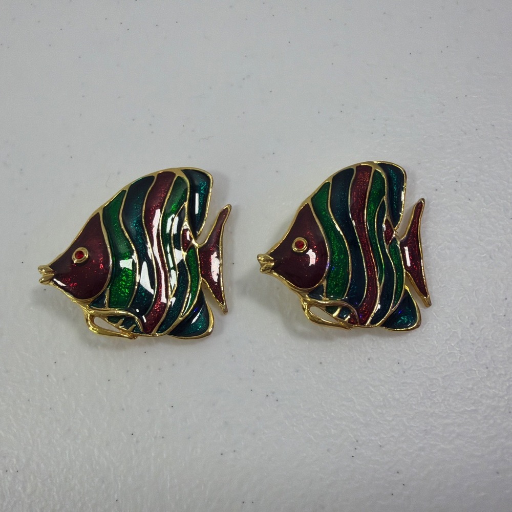 1980s Enameled Gold Tone Fish Pin Pair Brooch Colorful Pins Vintage